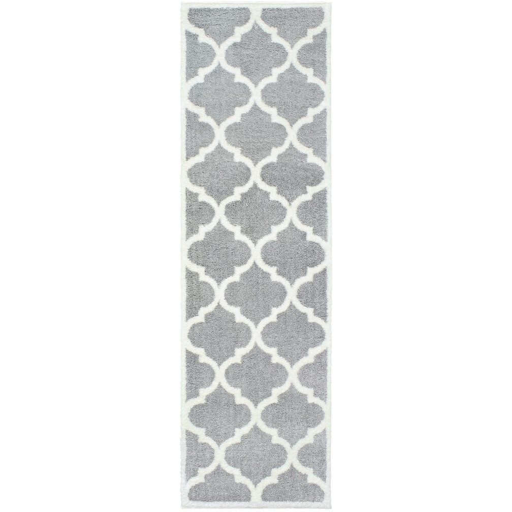 2 X 8 grey And Ivory geometric Shag Power Loom Stain Resistant Runner Rug