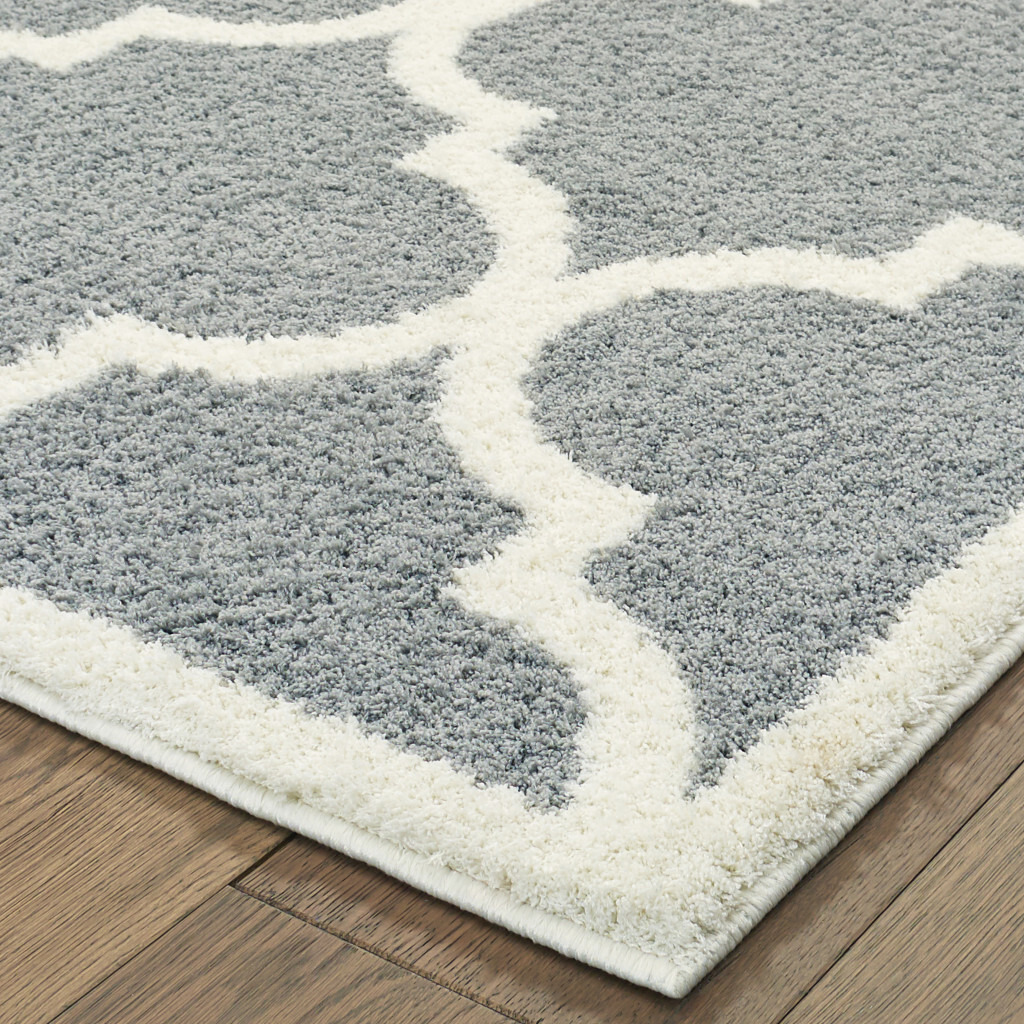 2 X 8 grey And Ivory geometric Shag Power Loom Stain Resistant Runner Rug