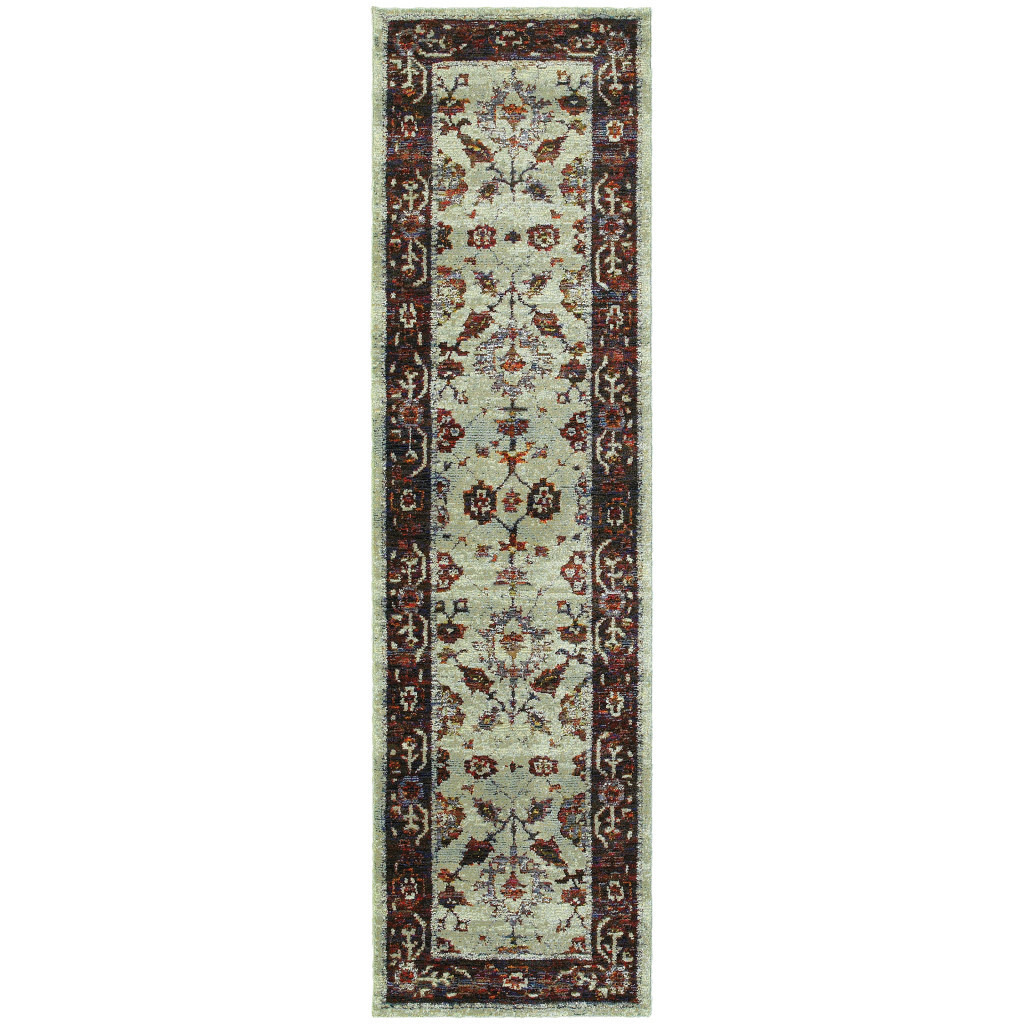 2 X 8 Stone And Red Oriental Power Loom Stain Resistant Runner Rug