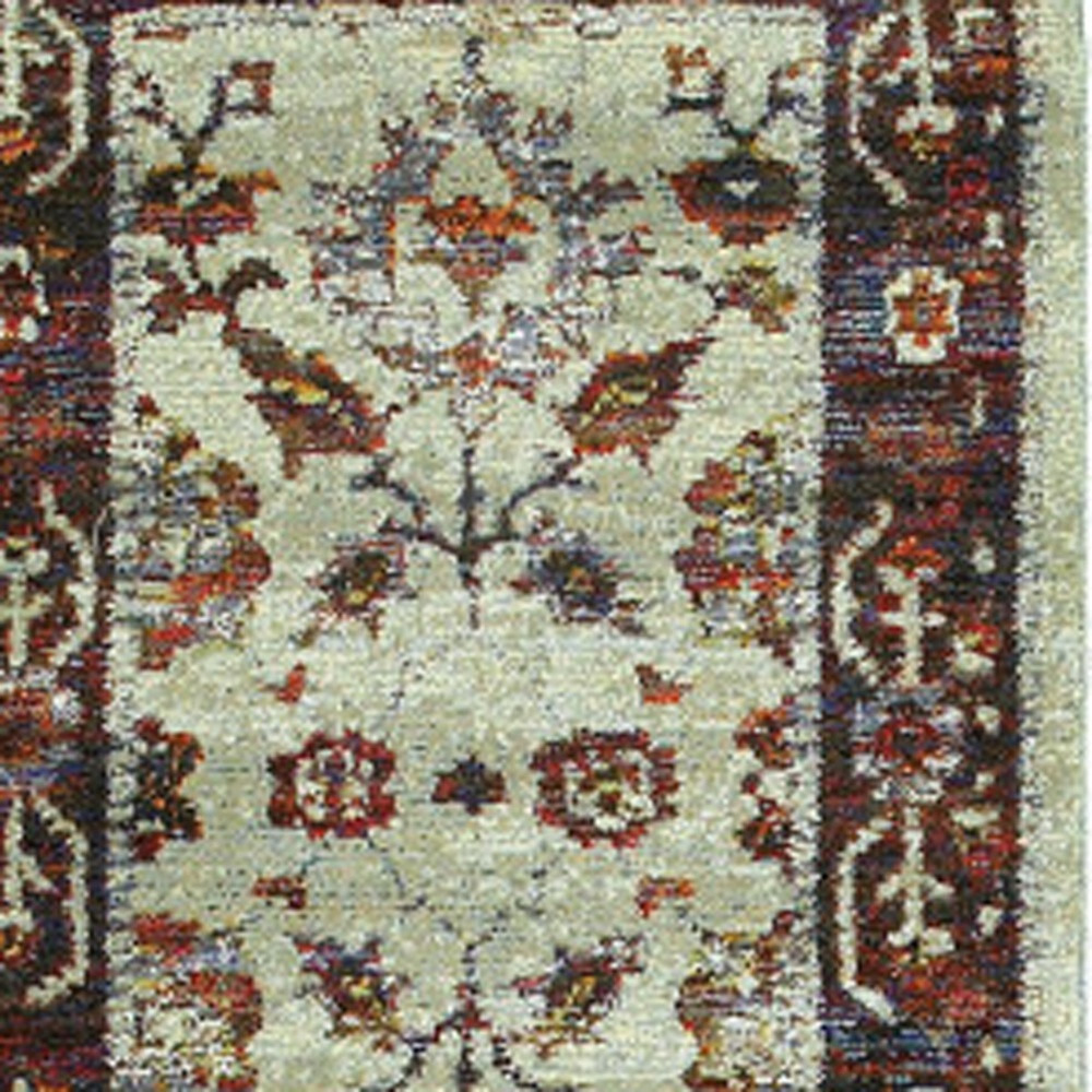 2 X 8 Stone And Red Oriental Power Loom Stain Resistant Runner Rug