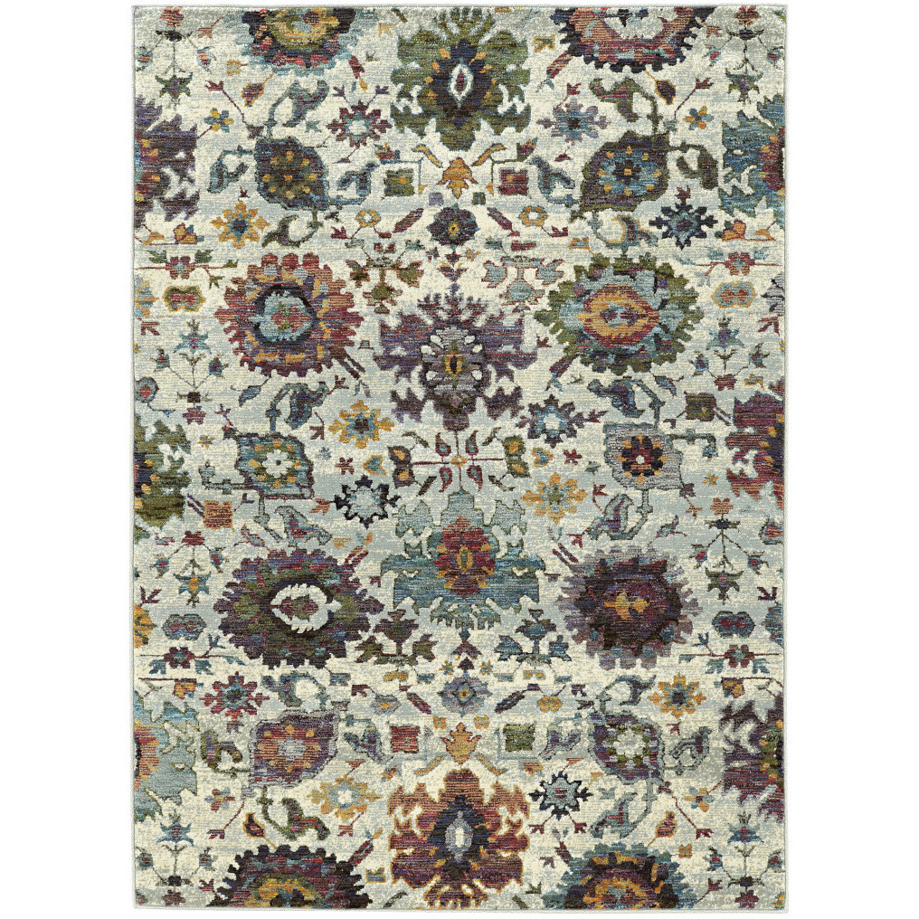 3 X 5 Stone grey Purple green gold And Teal Oriental Power Loom Stain Resistant Area Rug