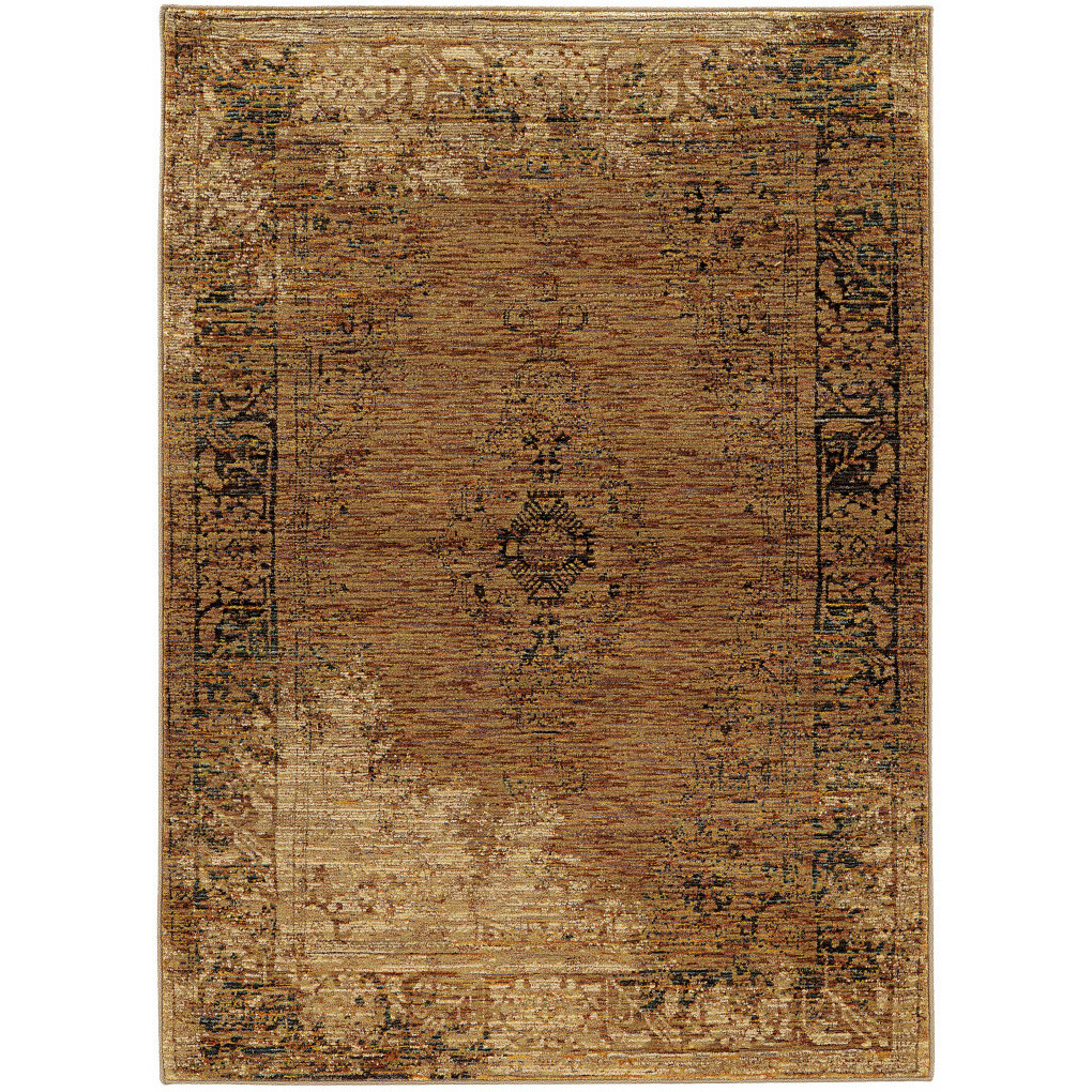 10 X 13 gold And Brown Oriental Power Loom Stain Resistant Area Rug