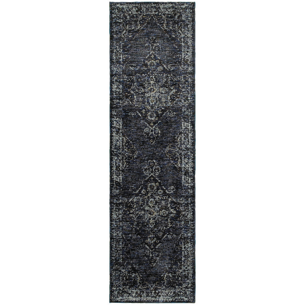 2 X 8 Blue And Brown Oriental Power Loom Stain Resistant Runner Rug