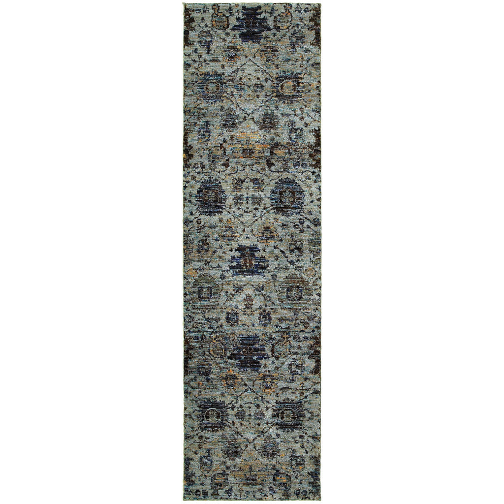 2 X 8 Blue And Navy Oriental Power Loom Stain Resistant Runner Rug