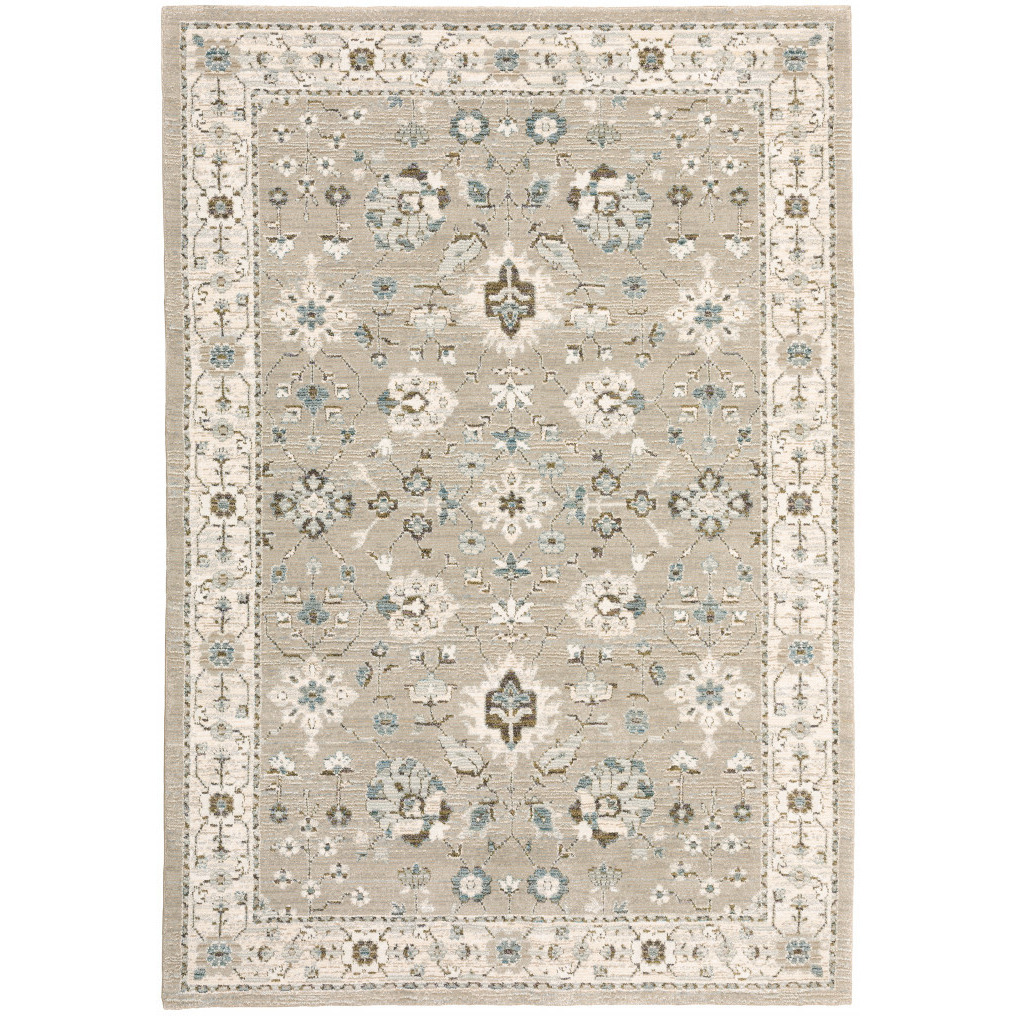 9 X 12 Beige Ivory Blue green And Purple Oriental Power Loom Stain Resistant Area Rug