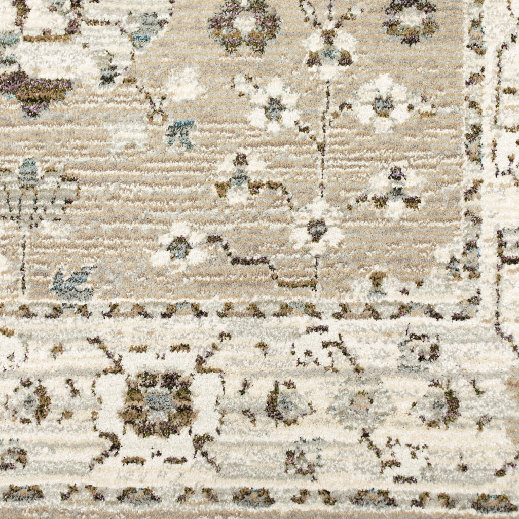 9 X 12 Beige Ivory Blue green And Purple Oriental Power Loom Stain Resistant Area Rug