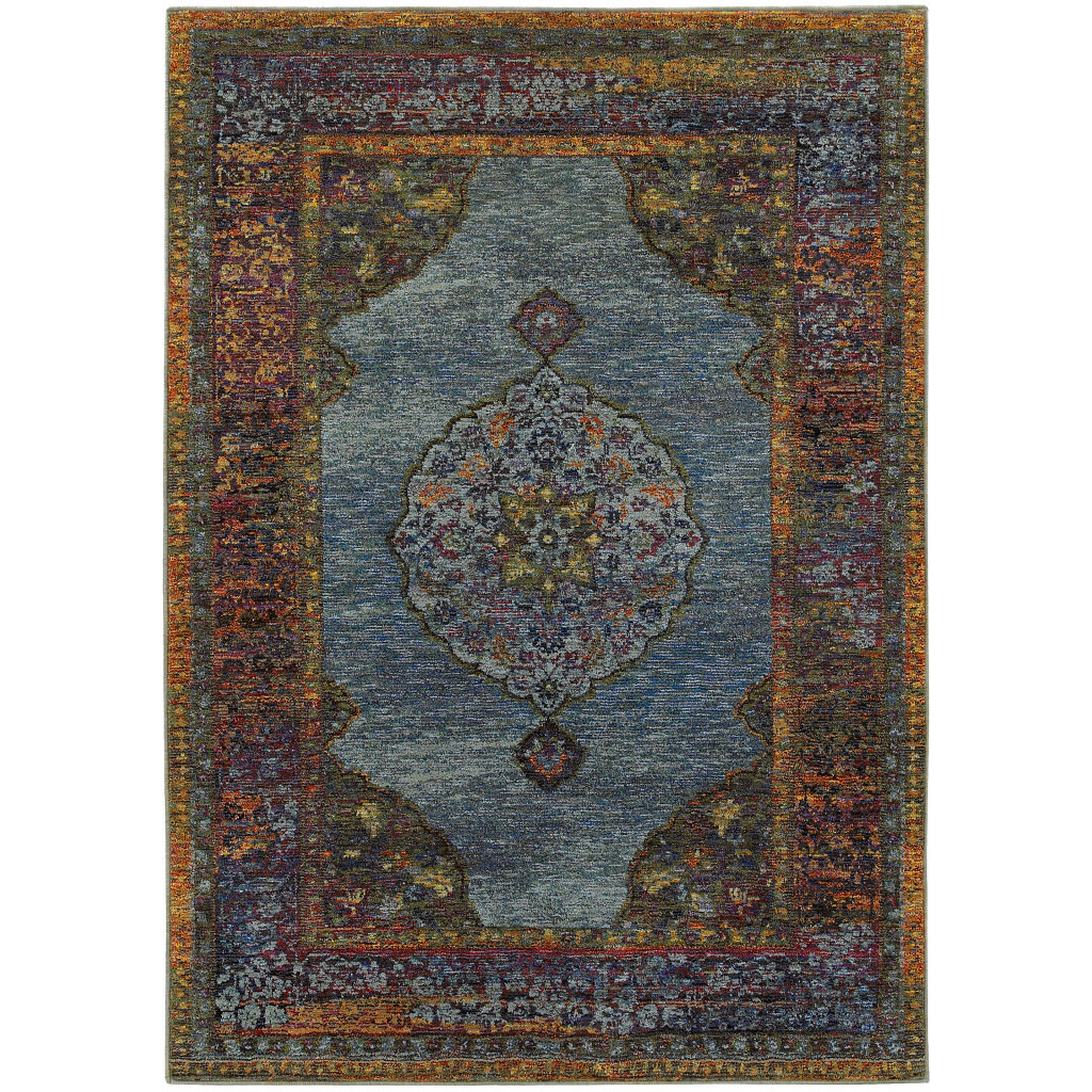 3 X 5 Blue gold green Red Orange And Purple Oriental Power Loom Stain Resistant Area Rug