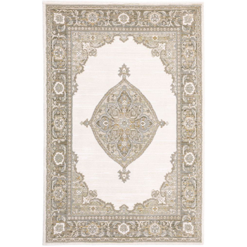 2 X 3 Beige Ivory Tan gold grey And green Oriental Power Loom Stain Resistant Area Rug