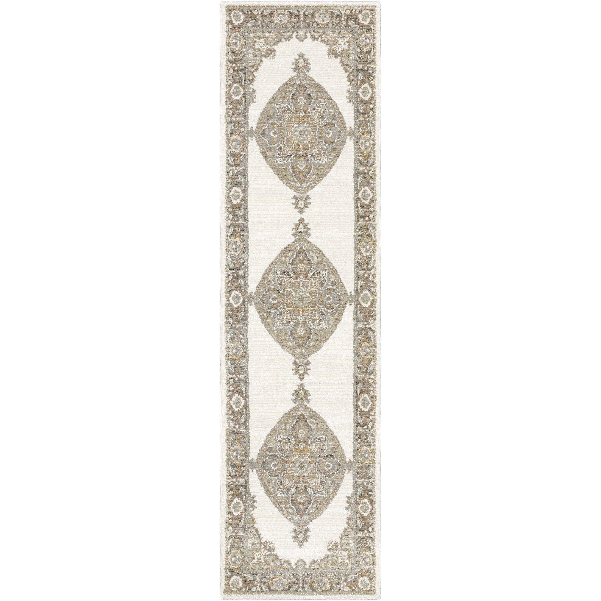 2 X 8 Beige Ivory Tan gold grey And green Oriental Power Loom Stain Resistant Runner Rug