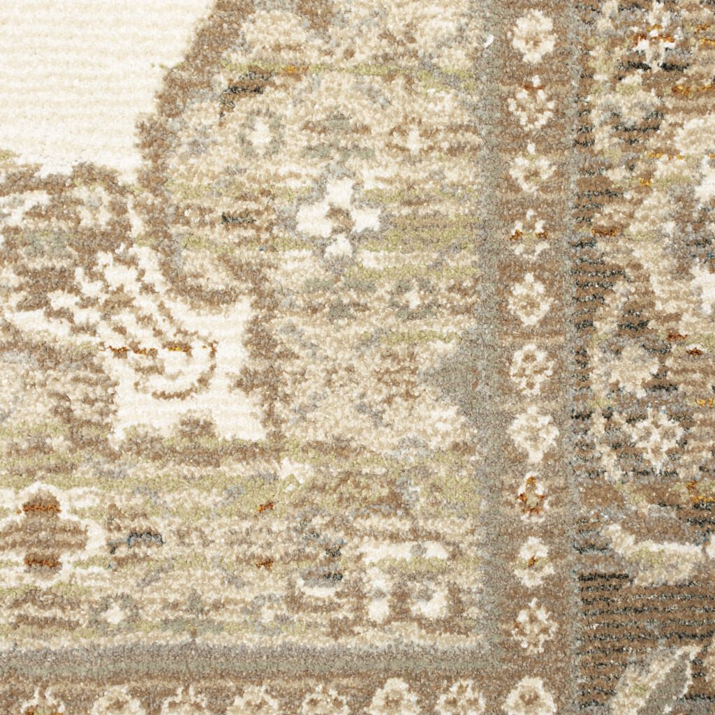 2 X 8 Beige Ivory Tan gold grey And green Oriental Power Loom Stain Resistant Runner Rug