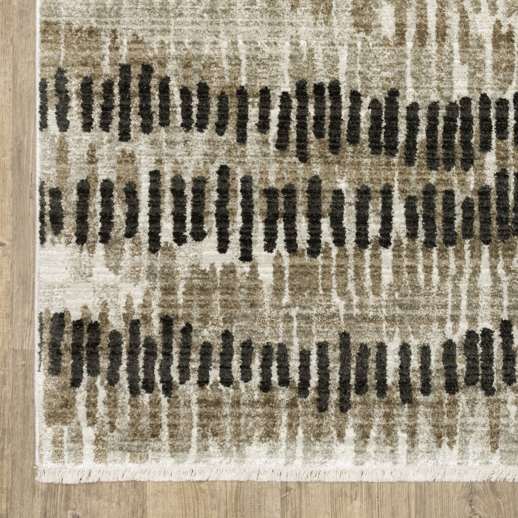 2 X 8 Beige Ivory charcoal Brown Tan And grey Abstract Power Loom Stain Resistant Runner Rug With Fringe