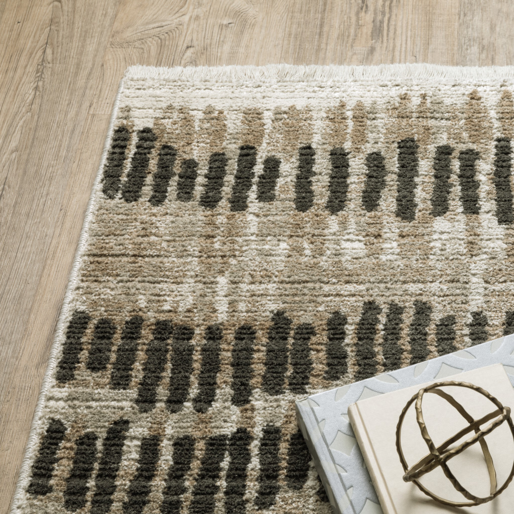 2 X 8 Beige Ivory charcoal Brown Tan And grey Abstract Power Loom Stain Resistant Runner Rug With Fringe