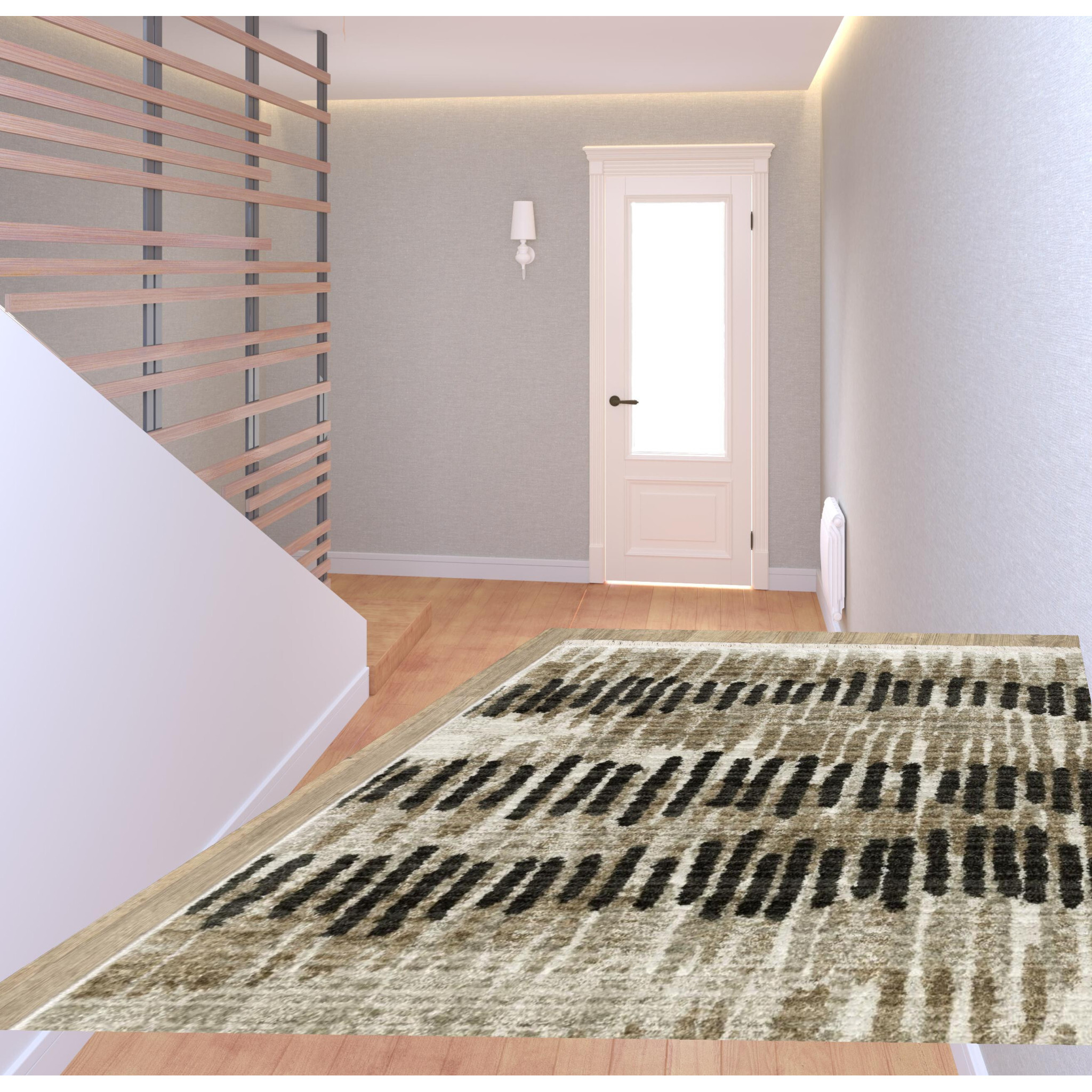 2 X 8 Beige Ivory charcoal Brown Tan And grey Abstract Power Loom Stain Resistant Runner Rug With Fringe