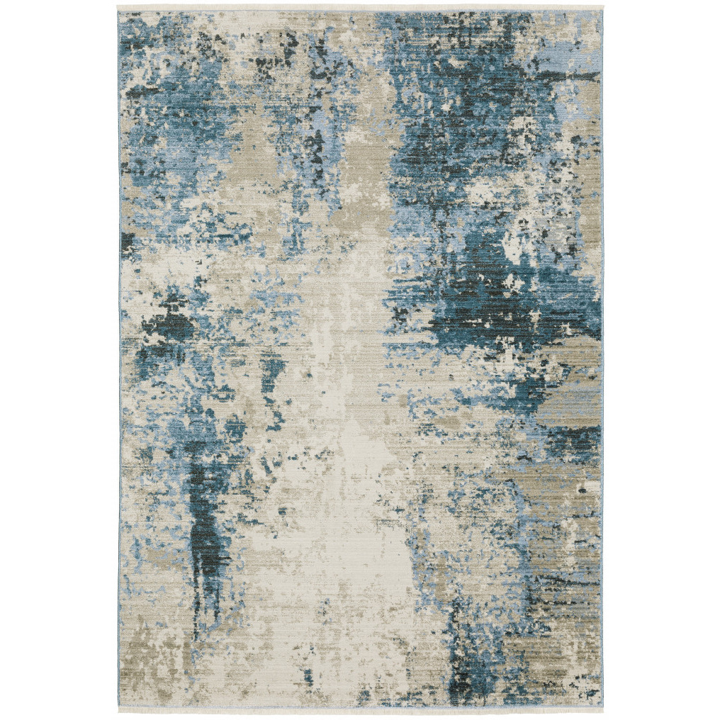 5 X 8 Blue grey Ivory Light Blue And Dark Blue Abstract Power Loom Stain Resistant Area Rug With Fringe