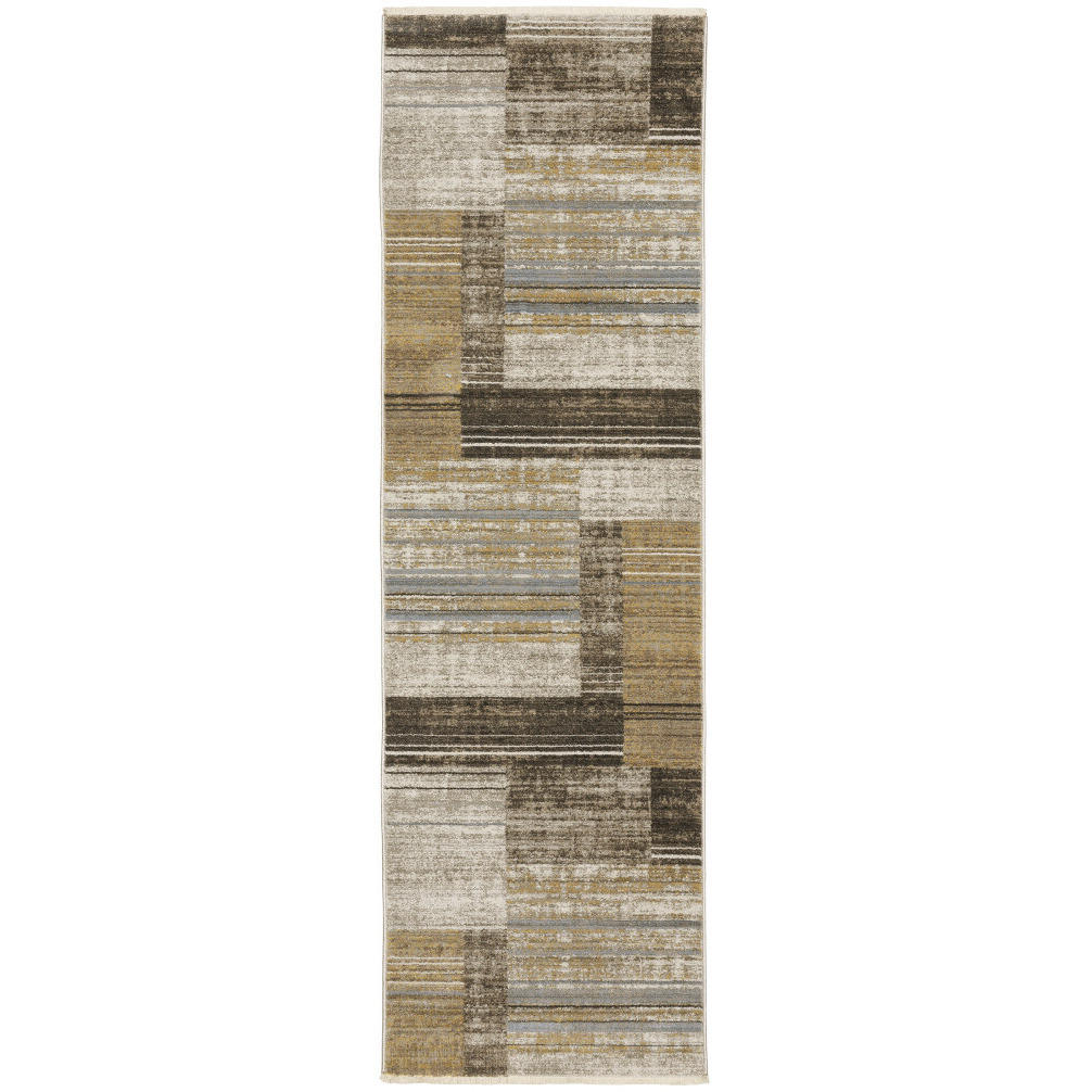 8 Beige and charcoal geometric Power Loom Runner Rug