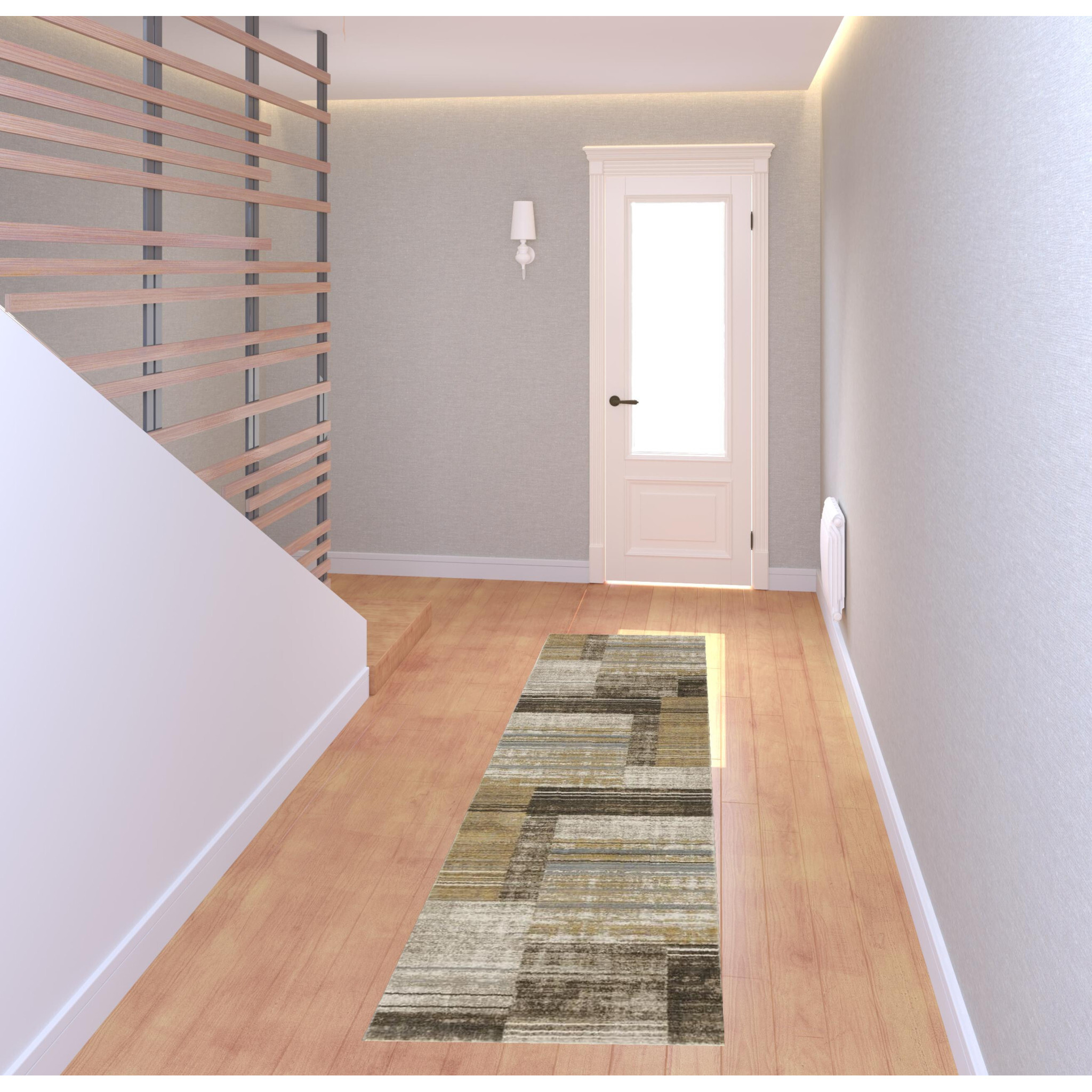 8 Beige and charcoal geometric Power Loom Runner Rug