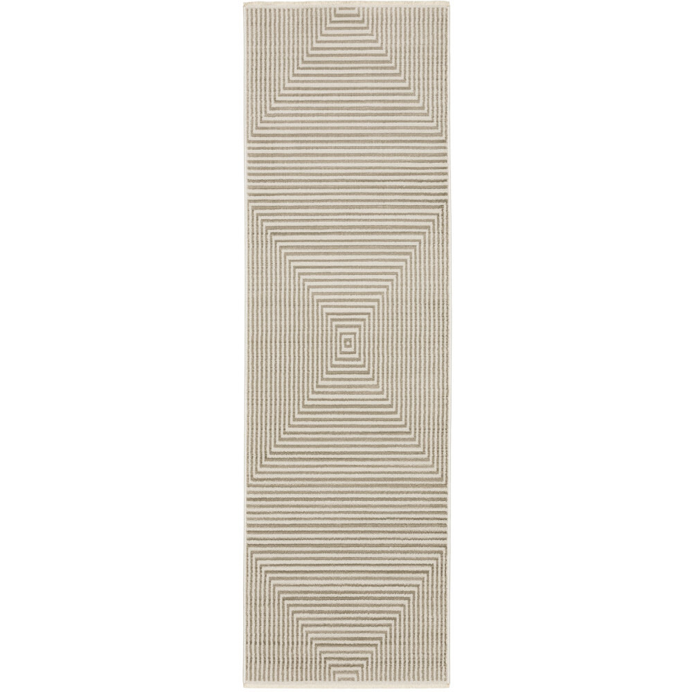 8 Ivory Beige Taupe And Tan geometric Power Loom Runner Rug With Fringe