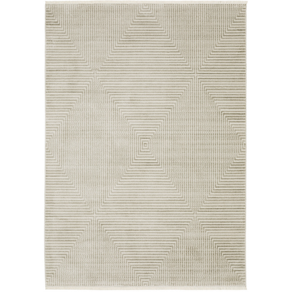 5 X 8 Ivory Beige Taupe And Tan geometric Power Loom Stain Resistant Area Rug With Fringe
