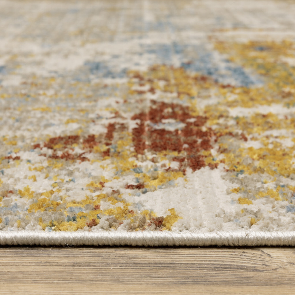 8 Beige grey gold Blue Rust And Teal Abstract Power Loom Runner Rug With Fringe