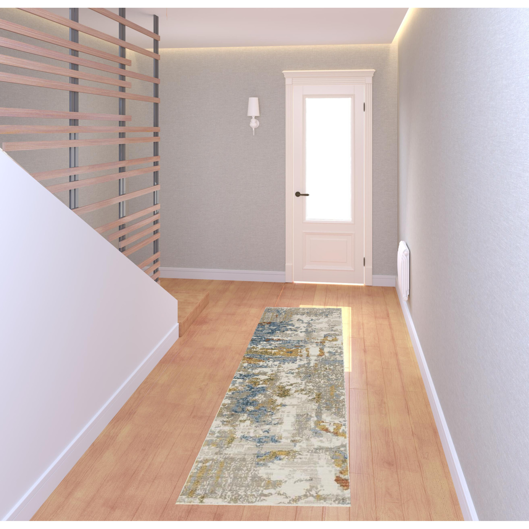 8 Beige grey gold Blue Rust And Teal Abstract Power Loom Runner Rug With Fringe