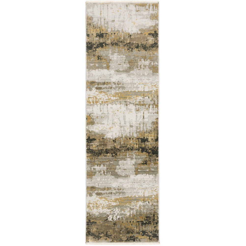 8 grey gold Black charcoal And Beige Abstract Power Loom Runner Rug With Fringe