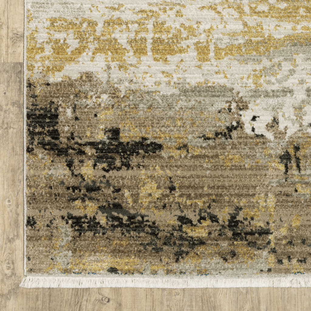 8 grey gold Black charcoal And Beige Abstract Power Loom Runner Rug With Fringe