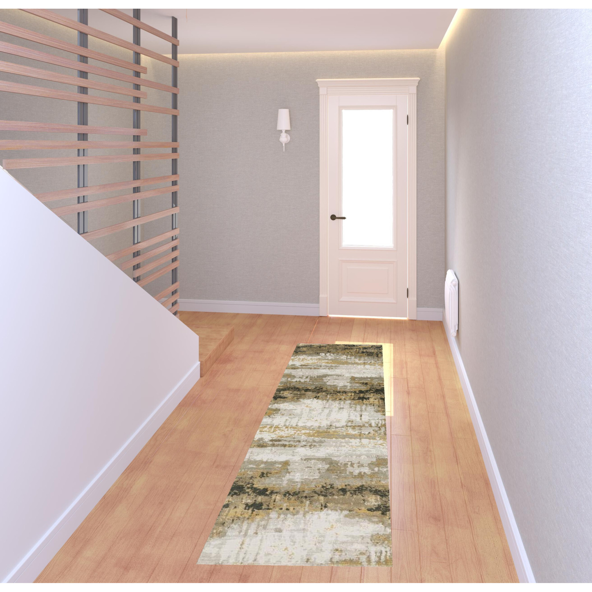 8 grey gold Black charcoal And Beige Abstract Power Loom Runner Rug With Fringe