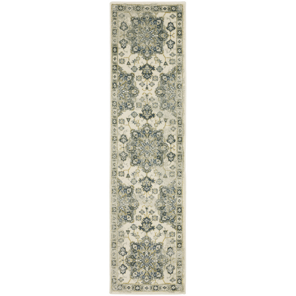2 X 8 Ivory Blue Teal grey And Olive green Oriental Power Loom Stain Resistant Runner Rug