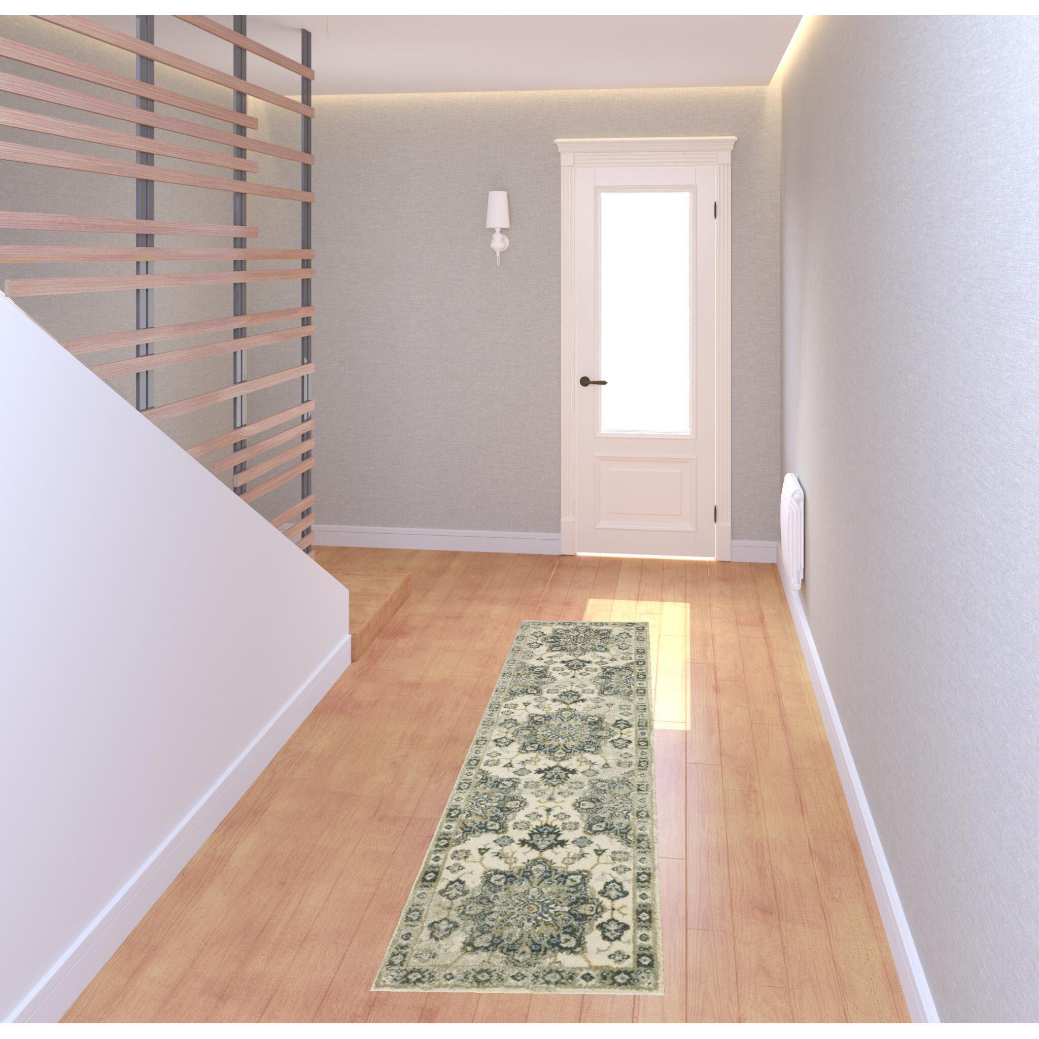 2 X 8 Ivory Blue Teal grey And Olive green Oriental Power Loom Stain Resistant Runner Rug
