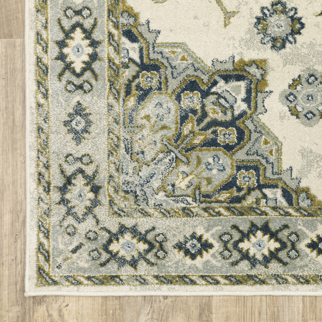 2 X 8 Ivory Blue Teal grey And Olive green Oriental Power Loom Stain Resistant Runner Rug