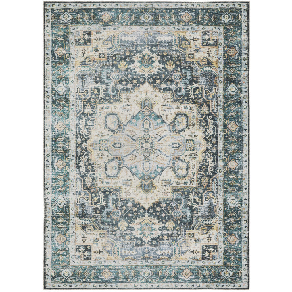 2 X 3 Blue Ivory Teal Brown And gold Oriental Printed Stain Resistant Non Skid Area Rug