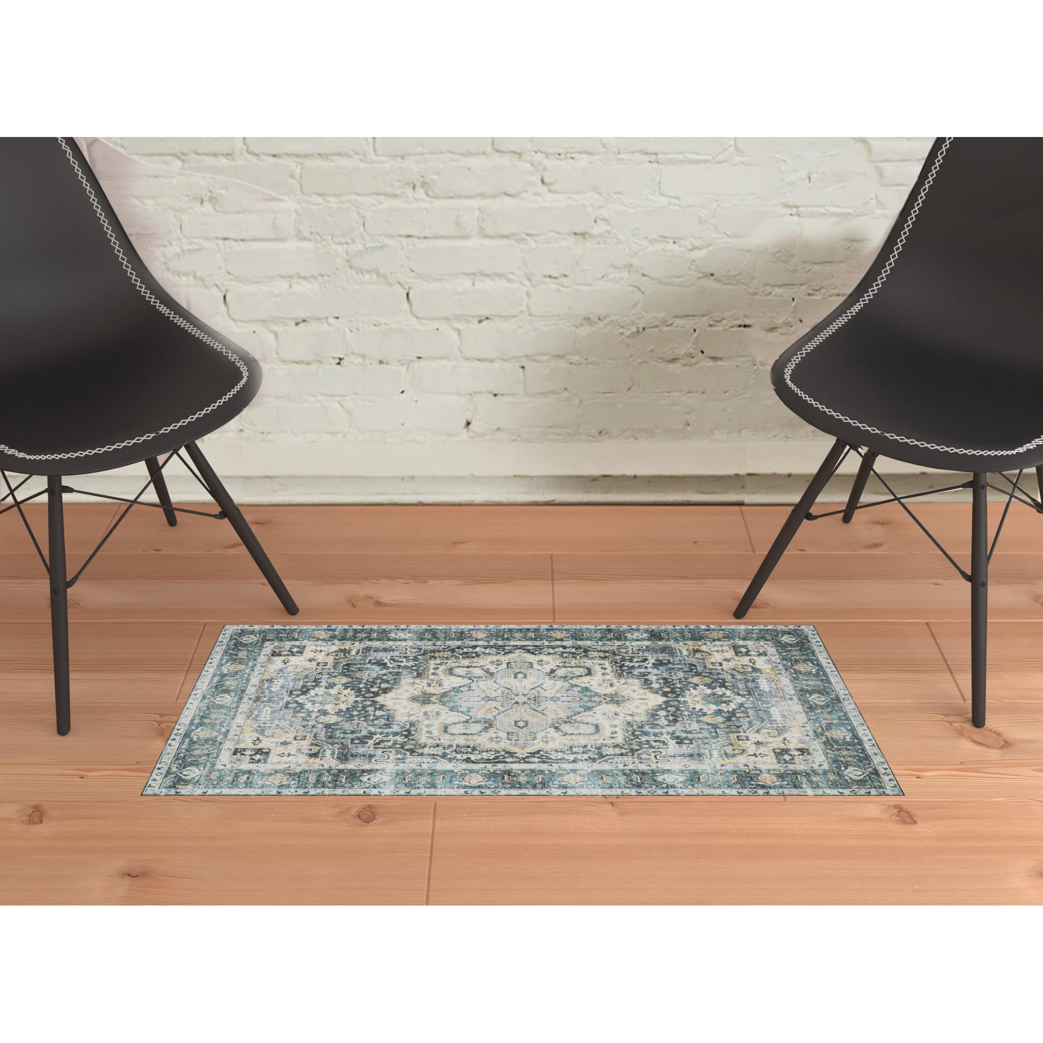 2 X 3 Blue Ivory Teal Brown And gold Oriental Printed Stain Resistant Non Skid Area Rug