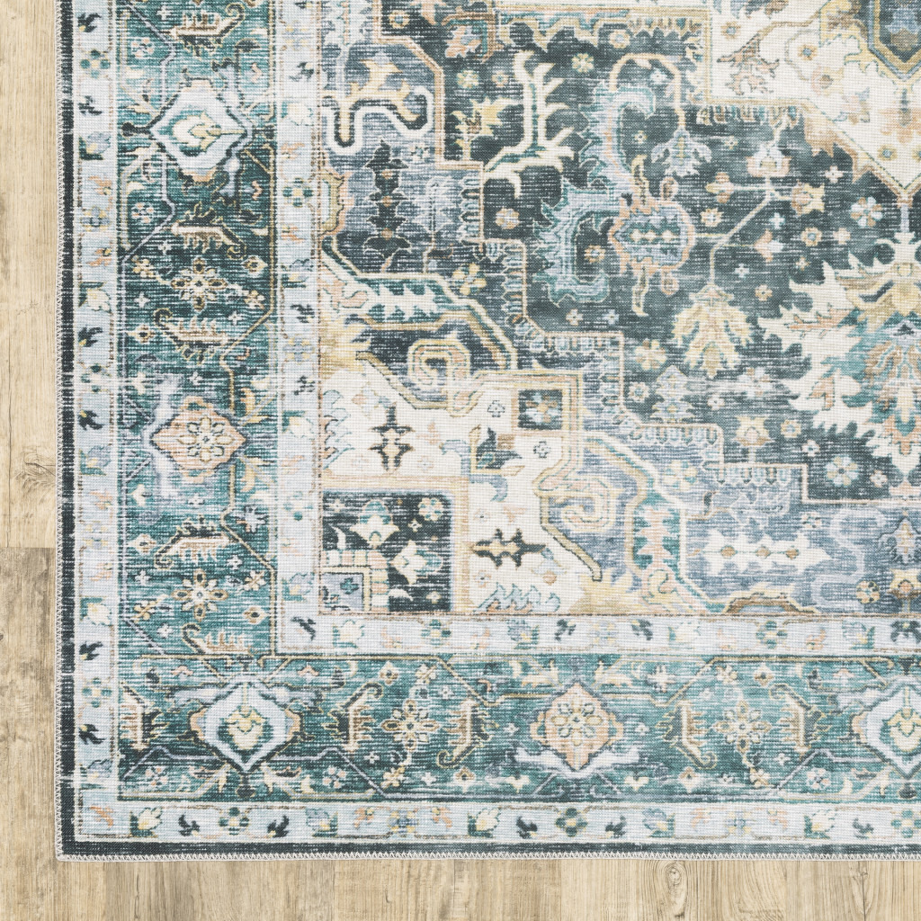 2 X 3 Blue Ivory Teal Brown And gold Oriental Printed Stain Resistant Non Skid Area Rug