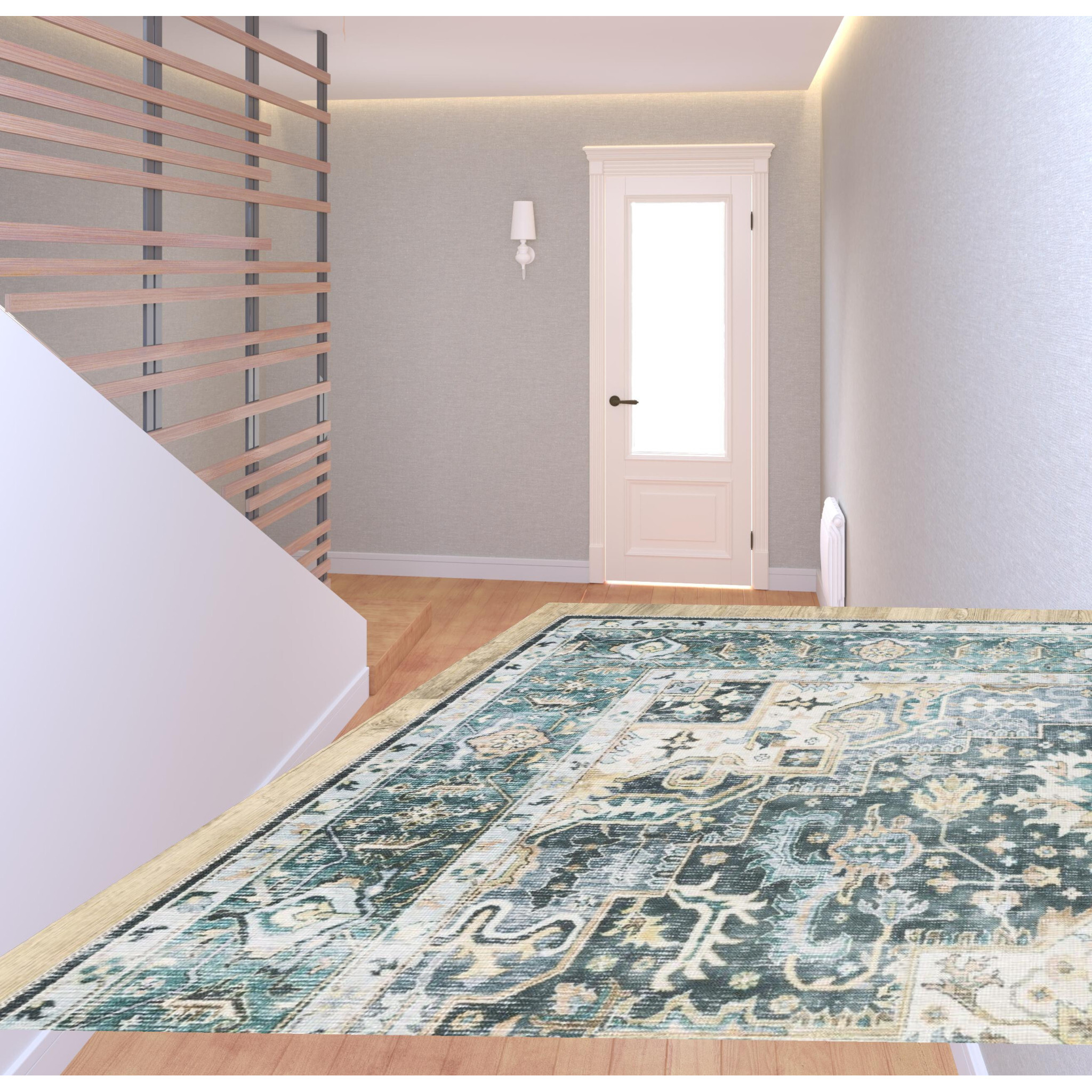 2 X 8 Blue Ivory Teal Brown And gold Oriental Printed Stain Resistant Non Skid Runner Rug