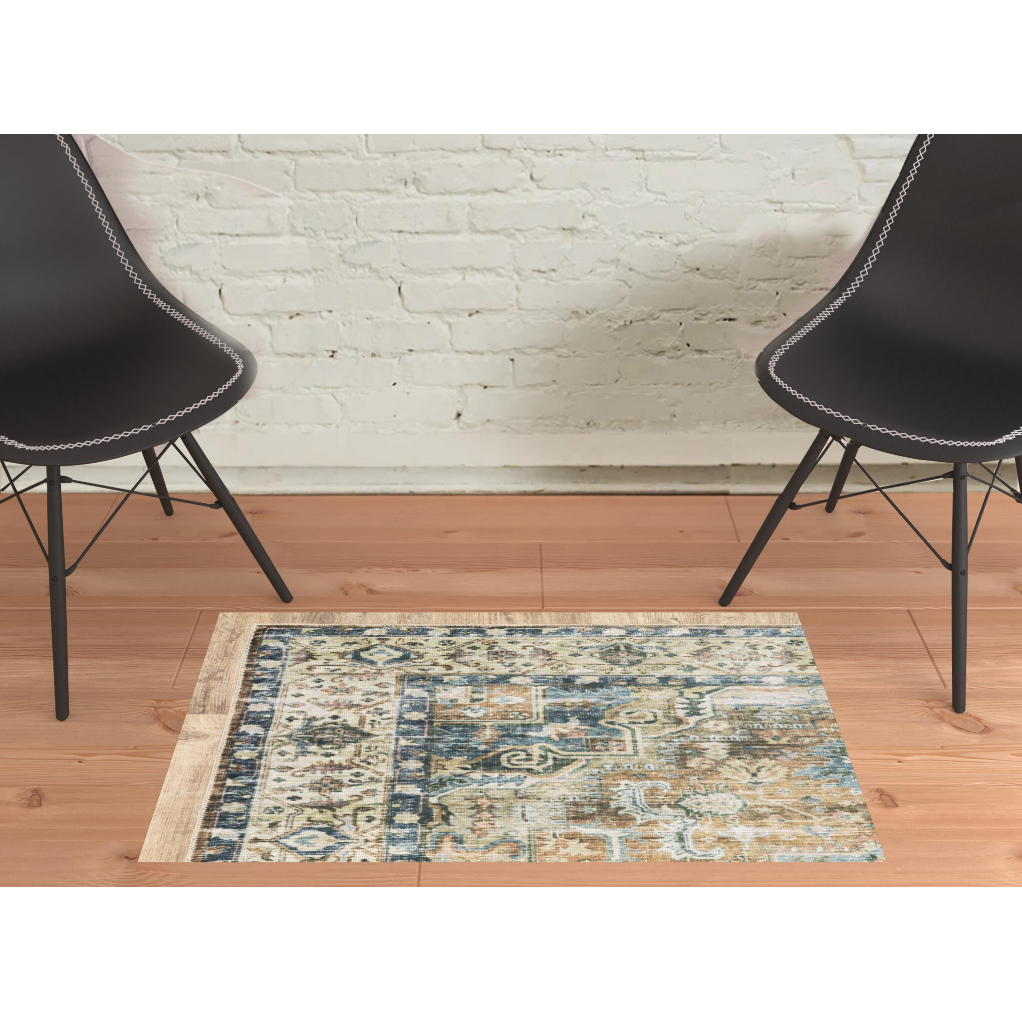 2 X 3 Blue And gold Oriental Printed Non Skid Area Rug