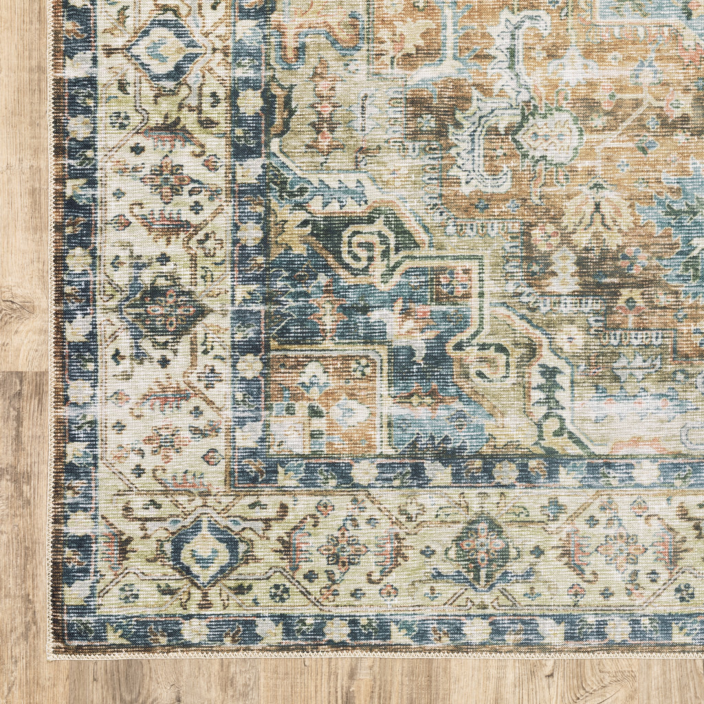 5 X 7 Blue gold Brown green And Salmon Oriental Printed Stain Resistant Non Skid Area Rug