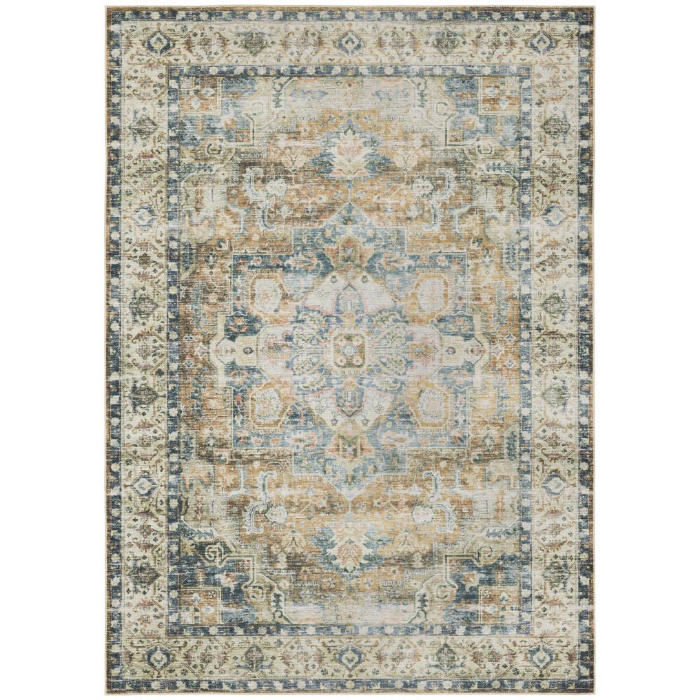 5 X 7 Blue gold Brown green And Salmon Oriental Printed Stain Resistant Non Skid Area Rug