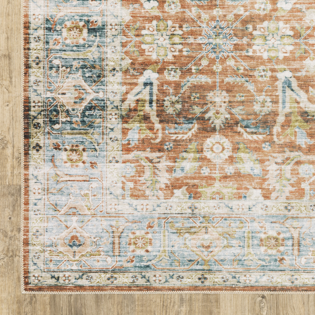 2 X 3 Rust Blue Ivory And gold Oriental Printed Stain Resistant Non Skid Area Rug