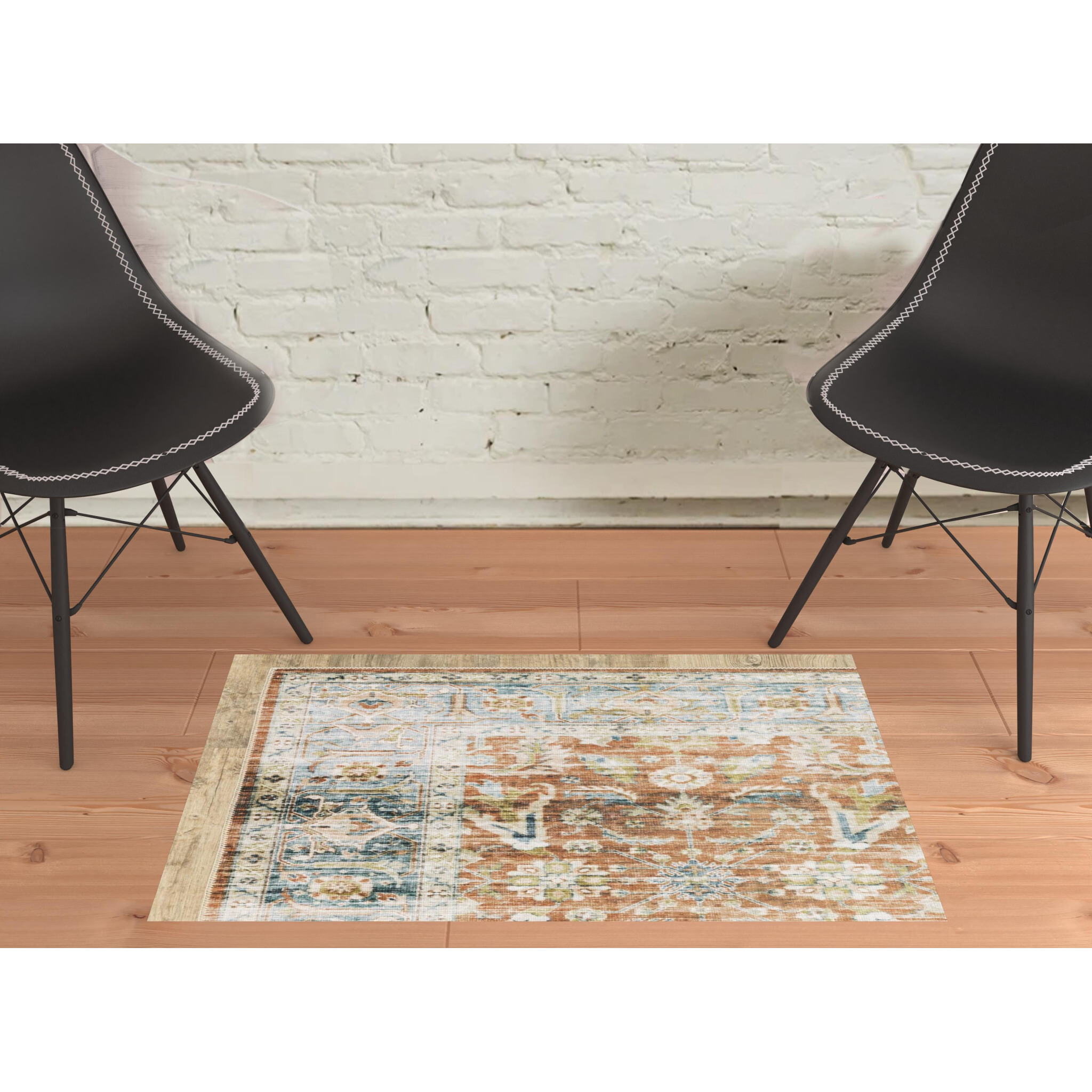 2 X 3 Rust Blue Ivory And gold Oriental Printed Stain Resistant Non Skid Area Rug