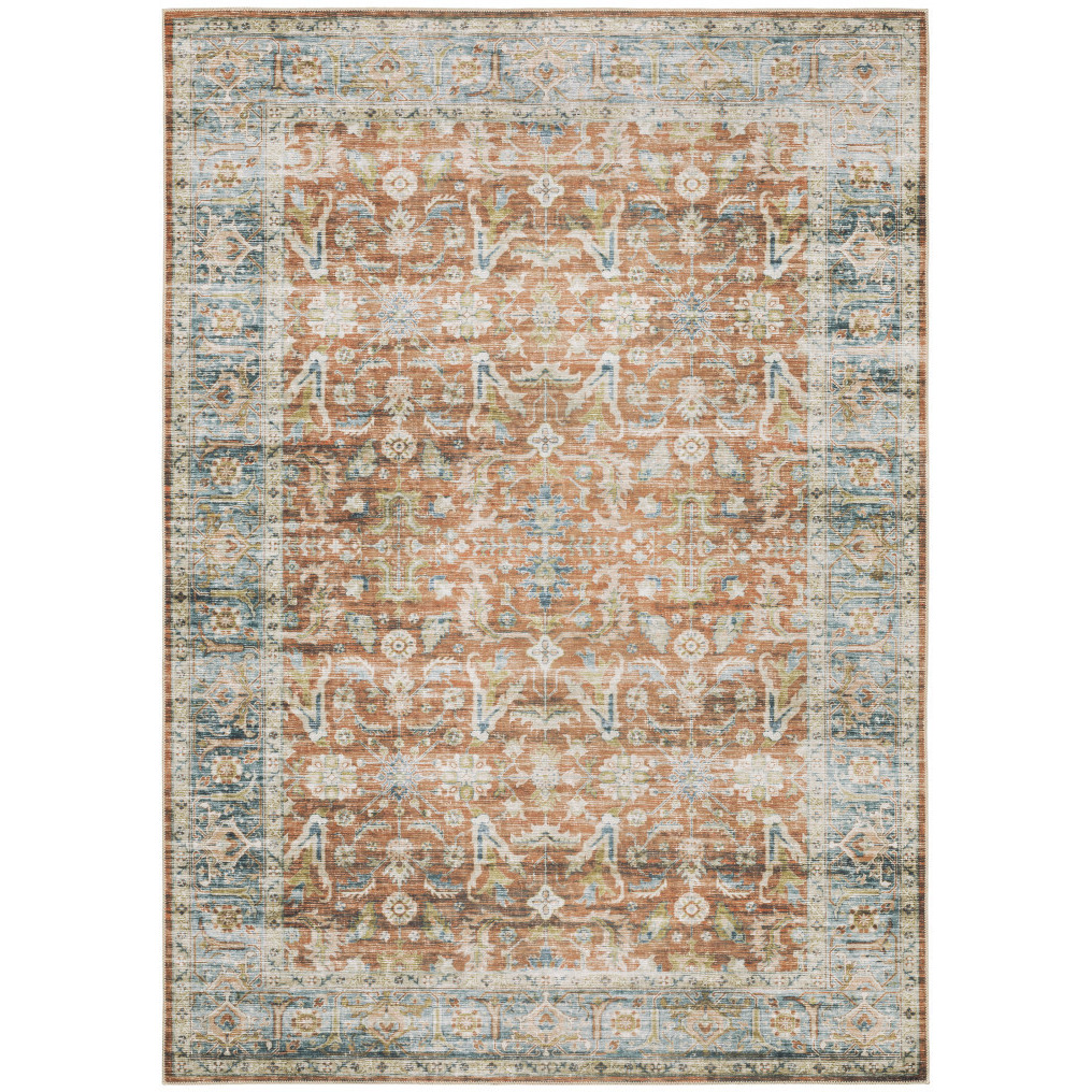 2 X 3 Rust Blue Ivory And gold Oriental Printed Stain Resistant Non Skid Area Rug