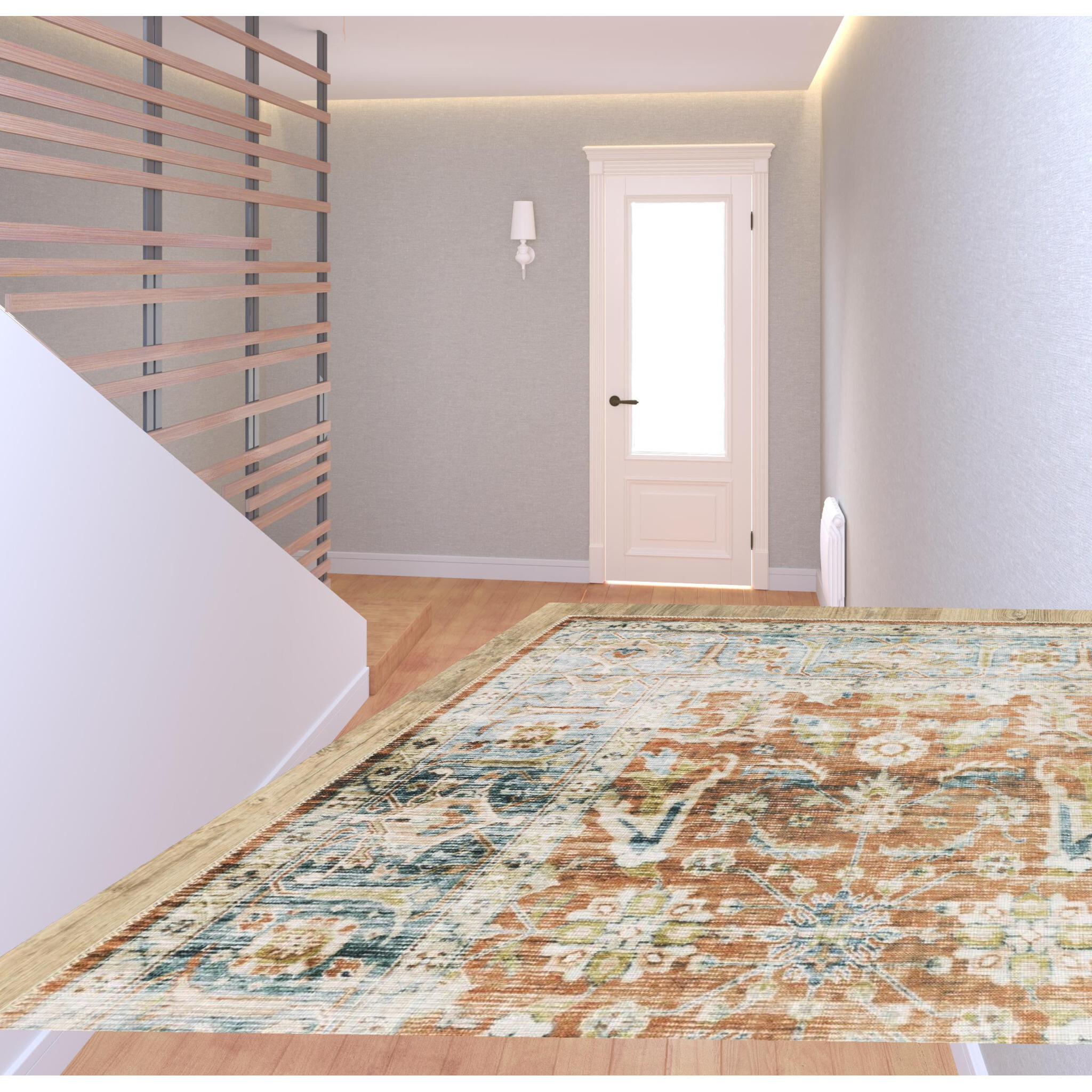 2 X 8 Rust Blue Ivory And gold Oriental Printed Stain Resistant Non Skid Runner Rug