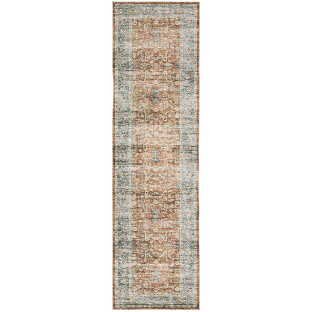 2 X 8 Rust Blue Ivory And gold Oriental Printed Stain Resistant Non Skid Runner Rug