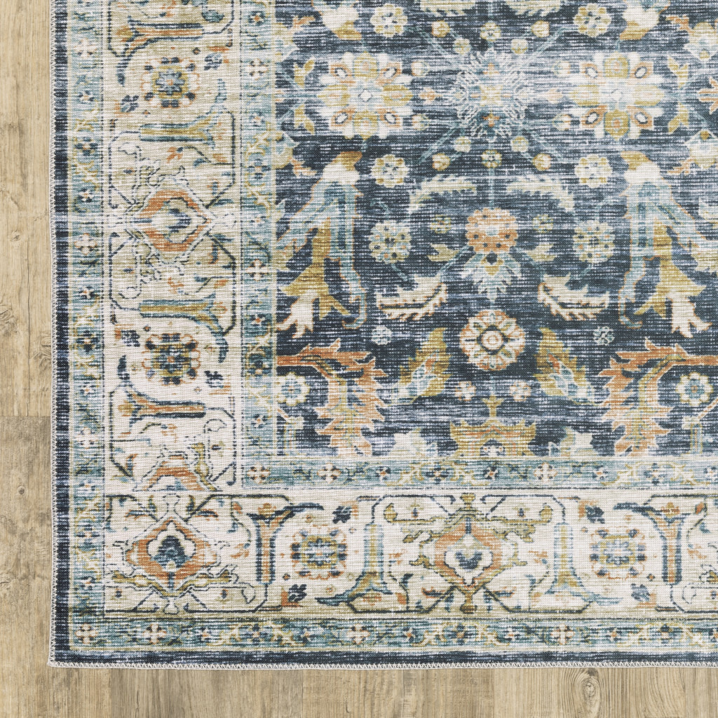 2 X 3 Blue gold Rust Ivory And Olive Oriental Printed Stain Resistant Non Skid Area Rug