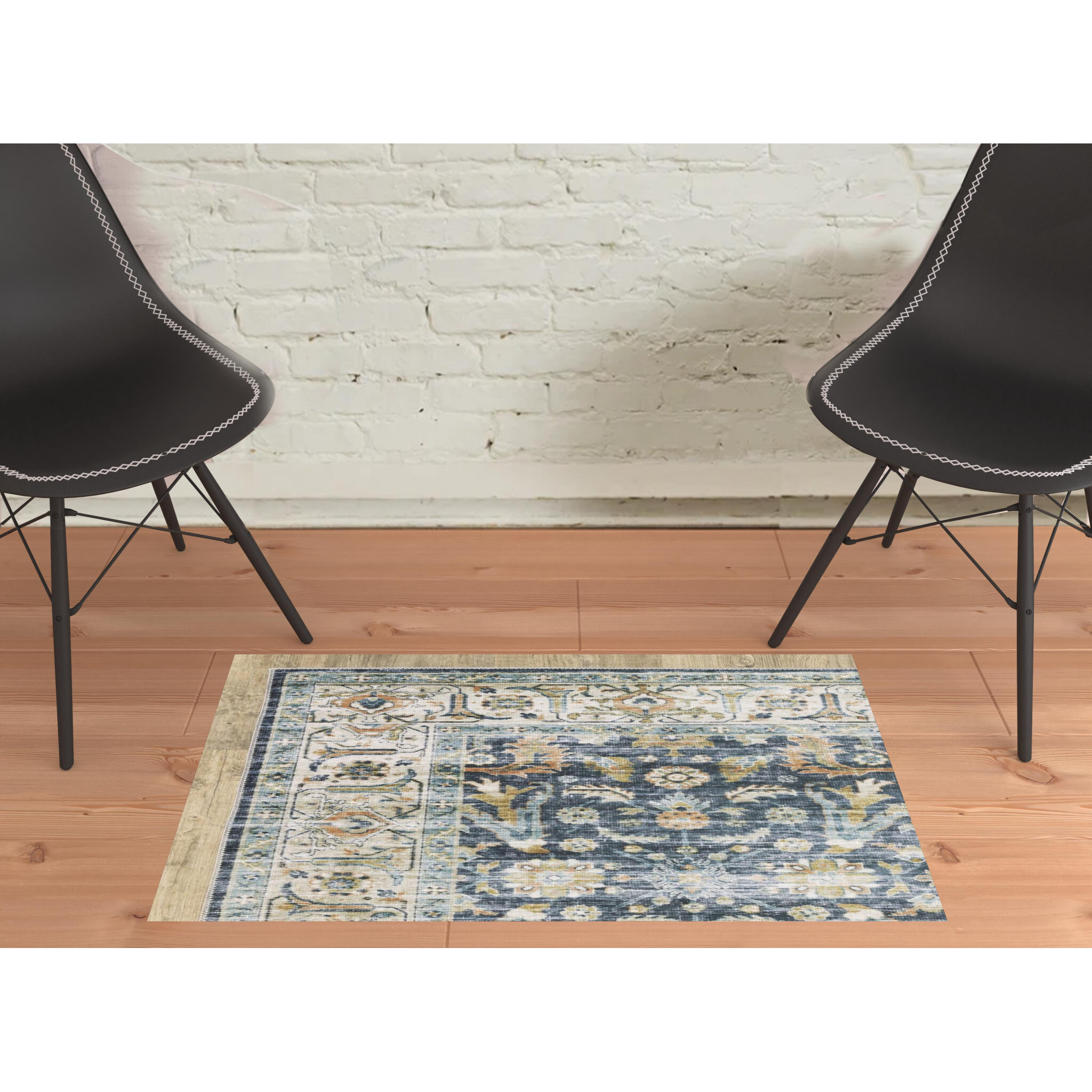 2 X 3 Blue gold Rust Ivory And Olive Oriental Printed Stain Resistant Non Skid Area Rug