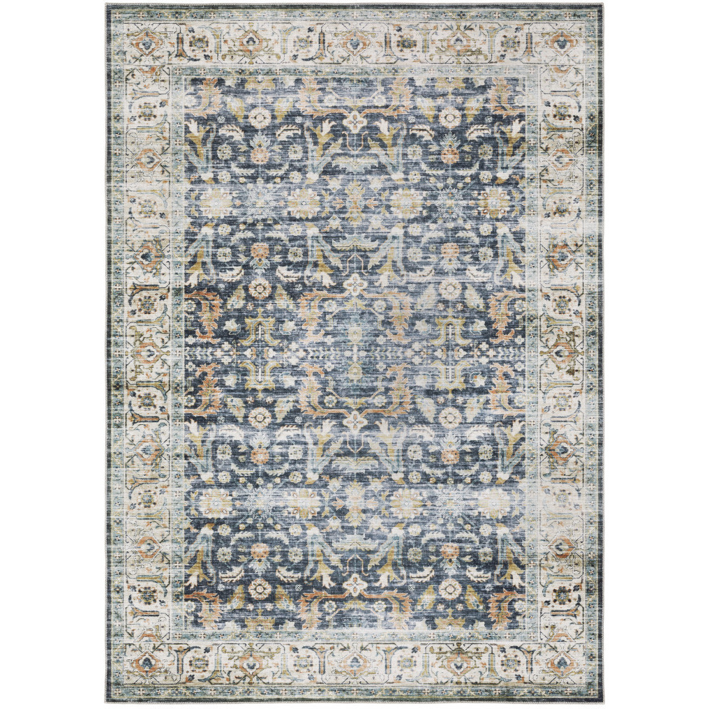 2 X 3 Blue gold Rust Ivory And Olive Oriental Printed Stain Resistant Non Skid Area Rug