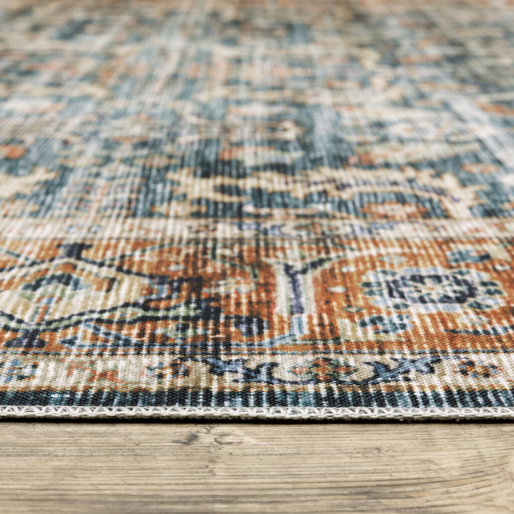 2 X 3 Blue Rust gold And Olive Oriental Printed Stain Resistant Non Skid Area Rug