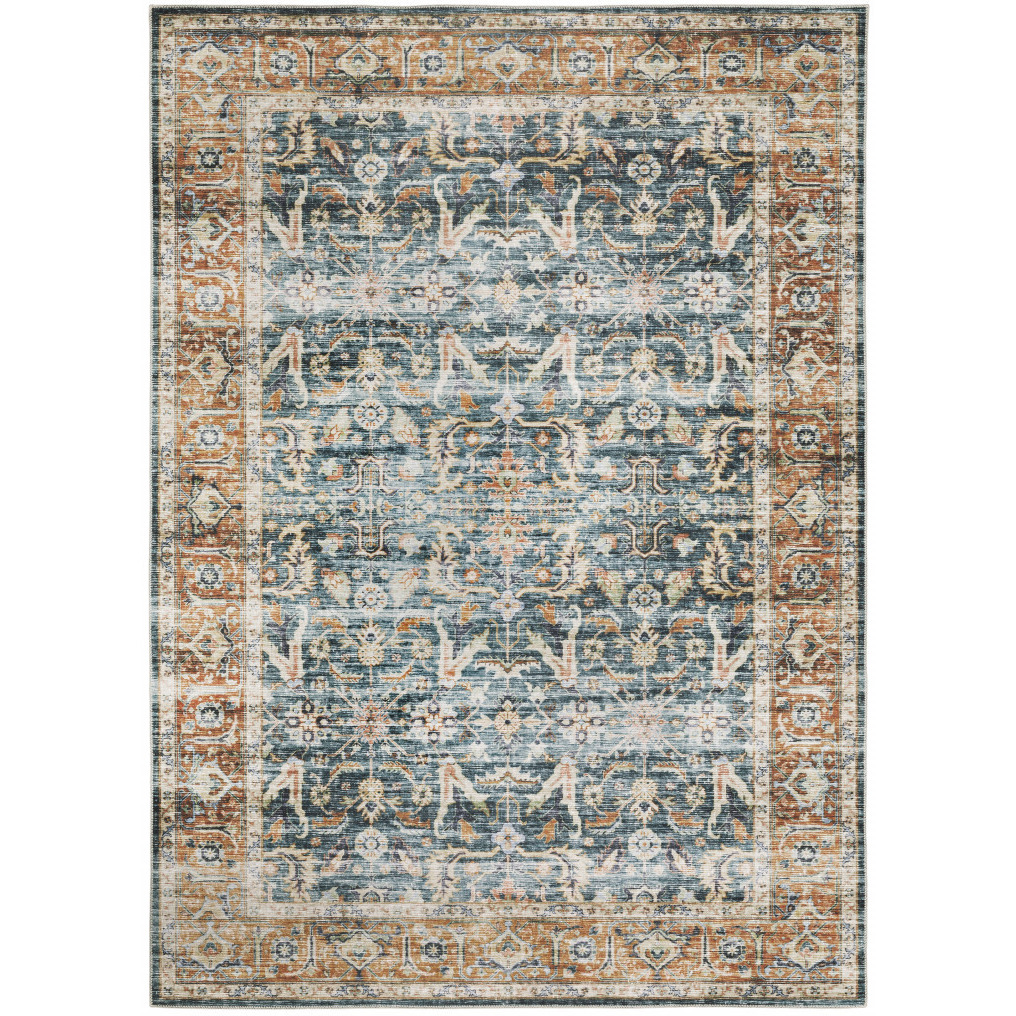 5 X 7 Blue Rust gold And Olive Oriental Printed Stain Resistant Non Skid Area Rug