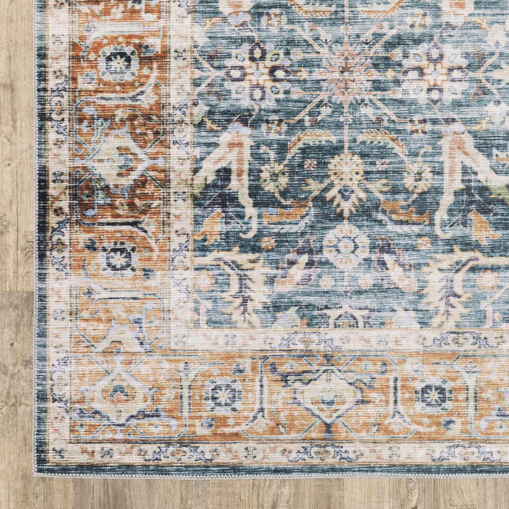 5 X 7 Blue Rust gold And Olive Oriental Printed Stain Resistant Non Skid Area Rug