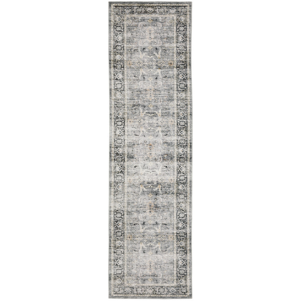 2 X 8 charcoal grey Salmon And Ivory Oriental Printed Stain Resistant Non Skid Runner Rug