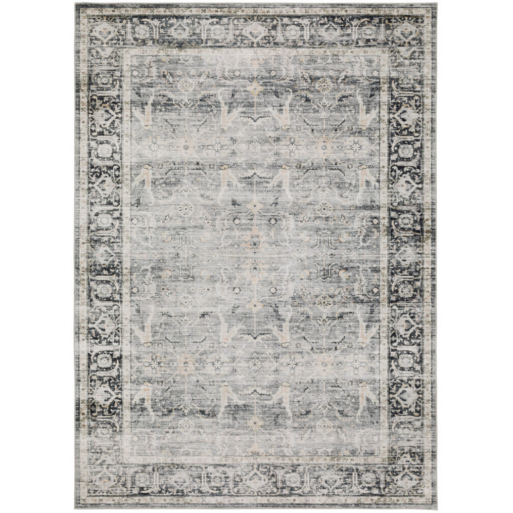 5 X 7 charcoal grey Salmon And Ivory Oriental Printed Stain Resistant Non Skid Area Rug